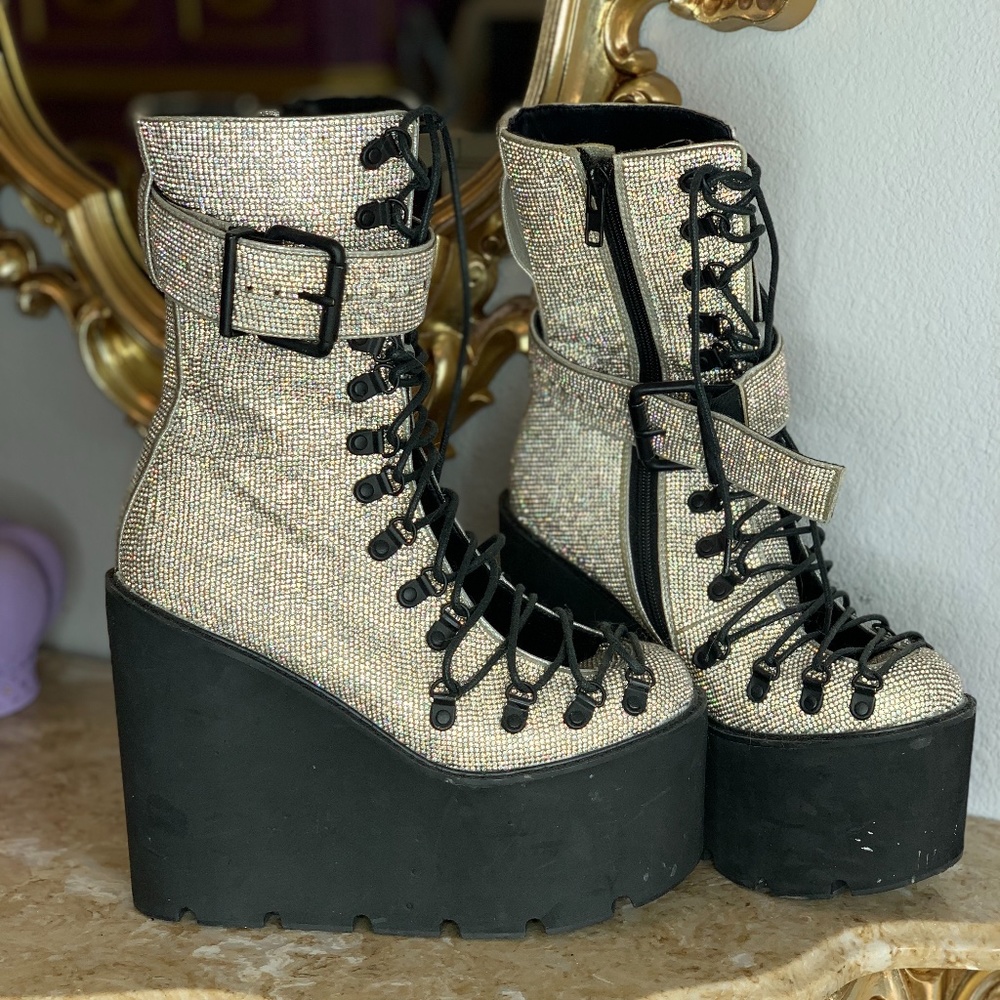 Dolls Kill Demonia Rhinestone Knee High Platform Rave boots